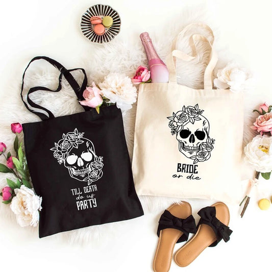 Bride or Die Death Do Us Party Black White Tote Bag Halloween Bachelorette Party Decoration Gift Wedding Bridesmaid Bride Gifts Peaceful Pleasures Health and Wellness