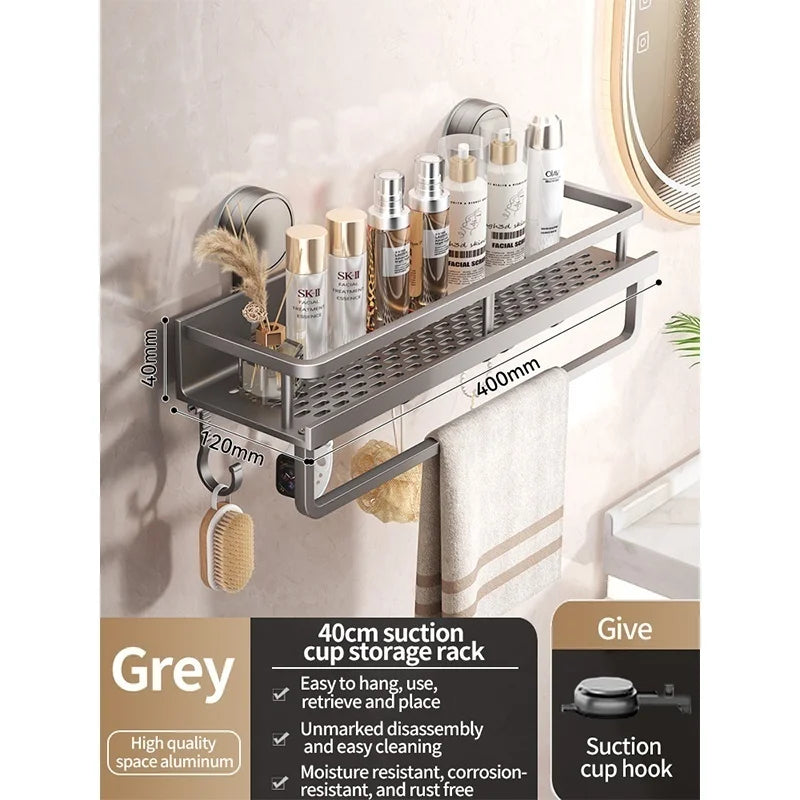 No-Drill Suction Cup Bathroom Shelf | Aluminum Wall Organizer