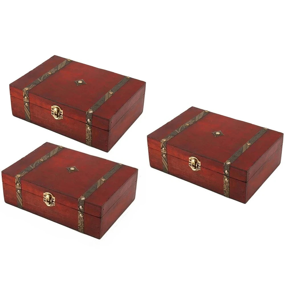Retro Wooden Storage Box with Metal Clasp, Vintage Keepsake Case for Jewelry Rings Coins, Wood Craft Organizer Home Decor Peaceful Pleasures Health and Wellness 3pcs