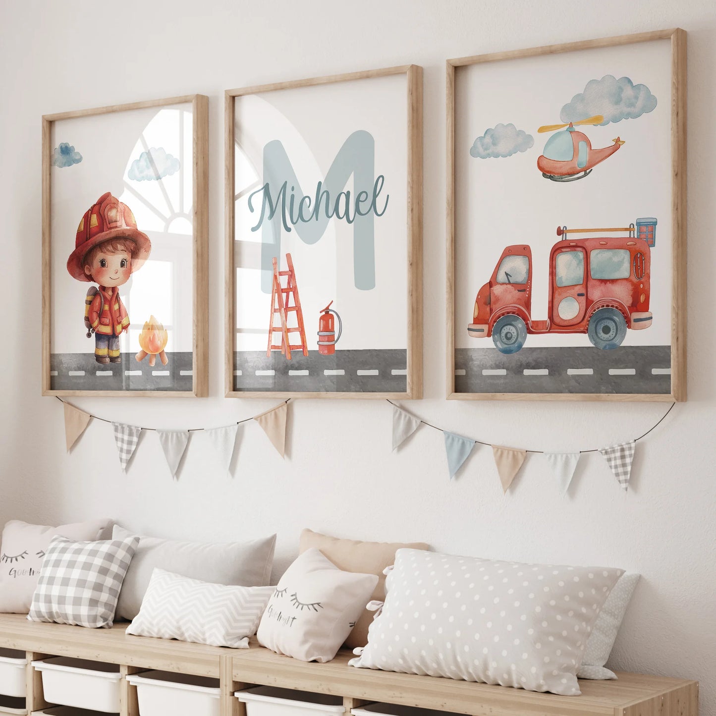 Personalized Fire Truck 3-Piece Canvas Wall Art | Kids Decor