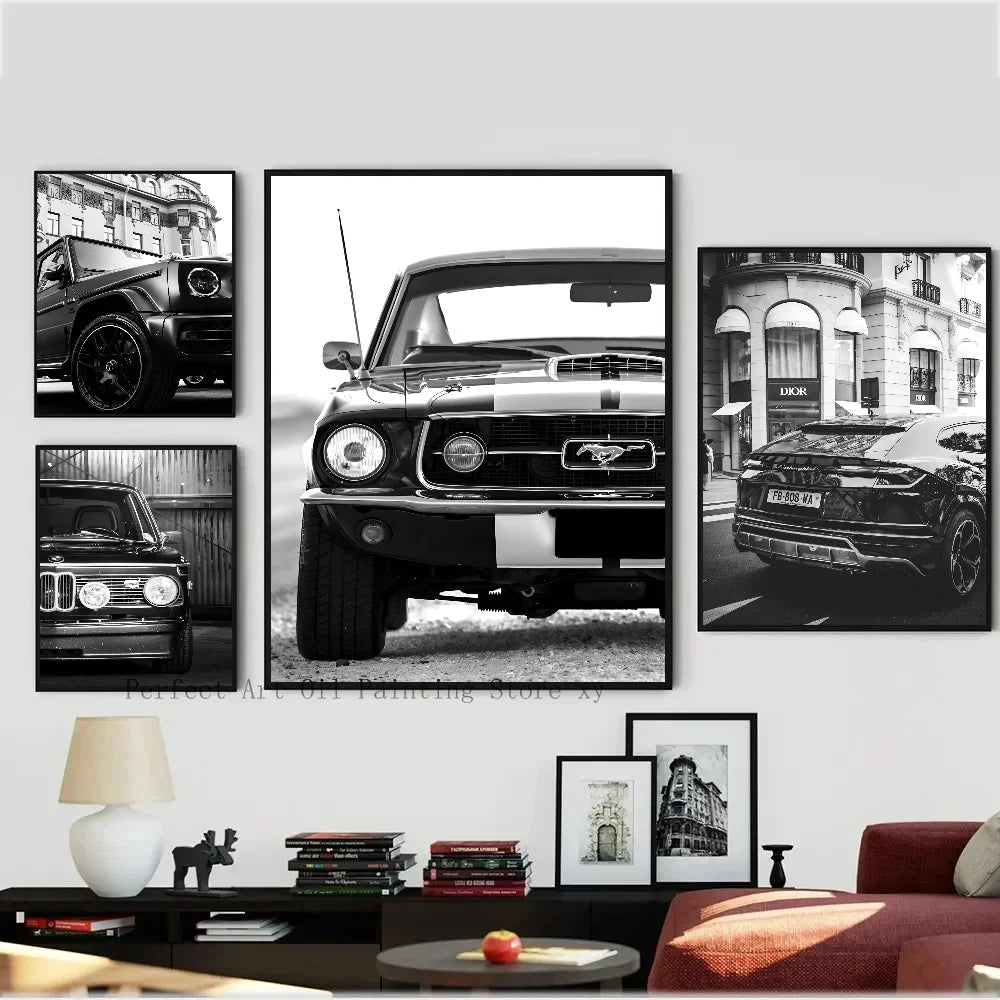 1PC Simple Black And White Luxury Car Poster Home Living Room Bar Restaurant Art Decoration Painting Peaceful Pleasures Health and Wellness