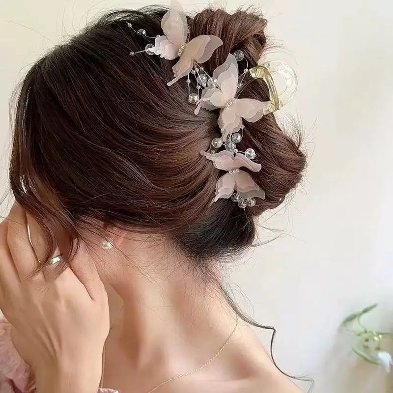 Light Blue/Pink Sheer Butterfly Claw Clip | Pearl Rhinestone Fairycore Hair Grabber | Elegant Romantic Hair Accessory Peaceful Pleasures Health and Wellness A