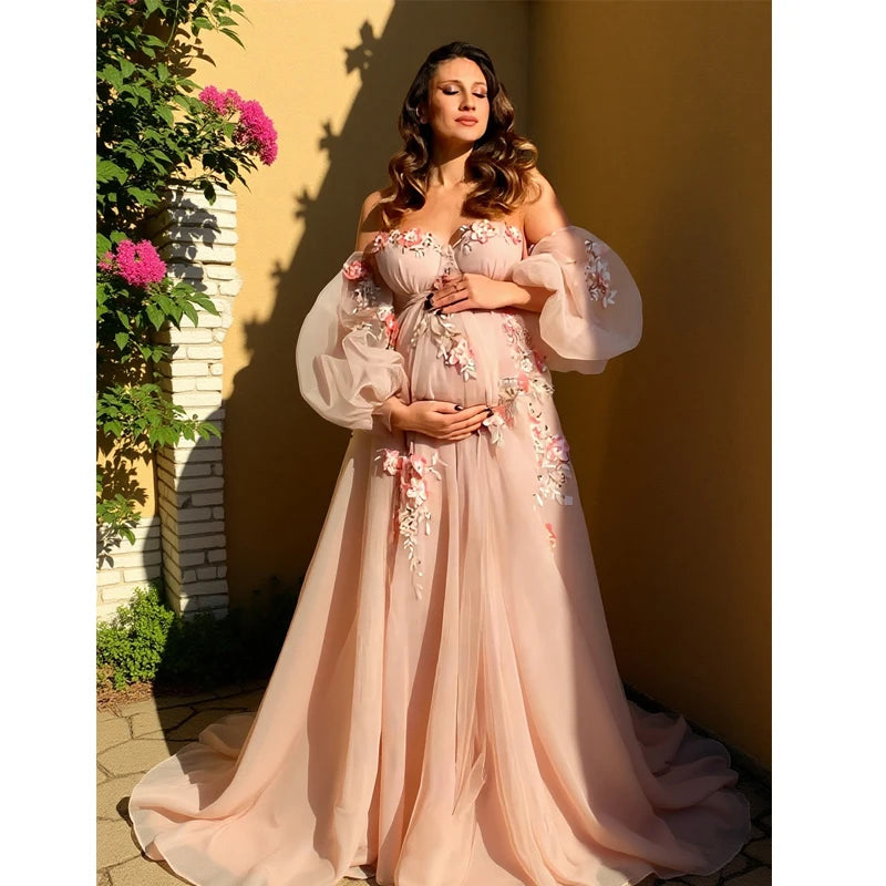 Hand-Finished Pink Maternity Photo Gown - Off-Shoulder Sheer Tulle Dress Embroidery Appliques - Baby Shower Pregnancy Shoot Robe Peaceful Pleasures Health and Wellness PINK US 6