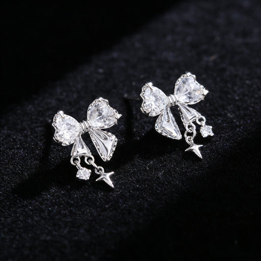 Japanese Korean Style Sweet Bow Zircon Earrings Women Niche Design Premium Jewelry Fashion Temperament Trendy Accessories Gift Peaceful Pleasures Health and Wellness