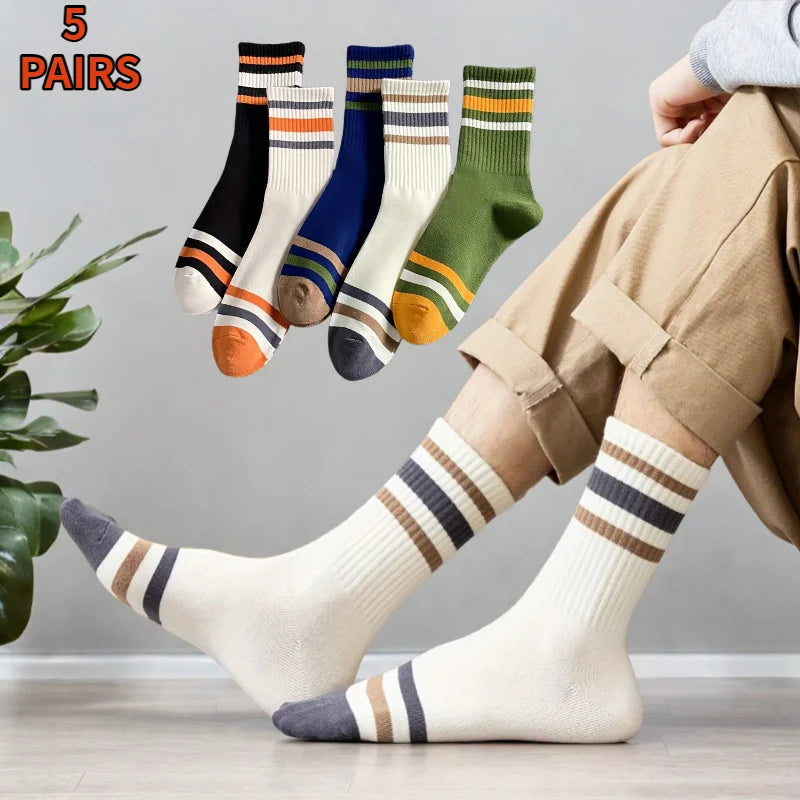 5 Pairs Men's Colorful Striped Casual Socks, Fashionable Sports Socks, Sweat Absorbing And Breathable, Suitable For All Seasons Peaceful Pleasures Health and Wellness
