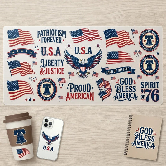July 4th Patriotic UV Transfer Stickers | USA Flag Eagle Decals Patriotic Transfer Stickers Peaceful Pleasures Health and Wellness