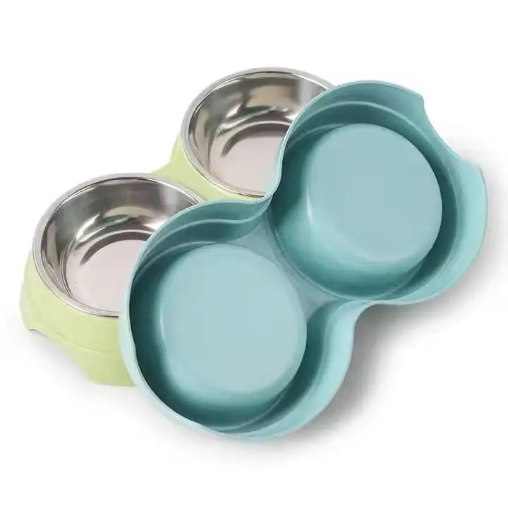Colorful Wheat Straw Base Stainless Steel Pet Tableware Healthy Safe Double Bowl Feeding Set Liner Cat Dog Drinking Feeding Bowl Peaceful Pleasures Health and Wellness