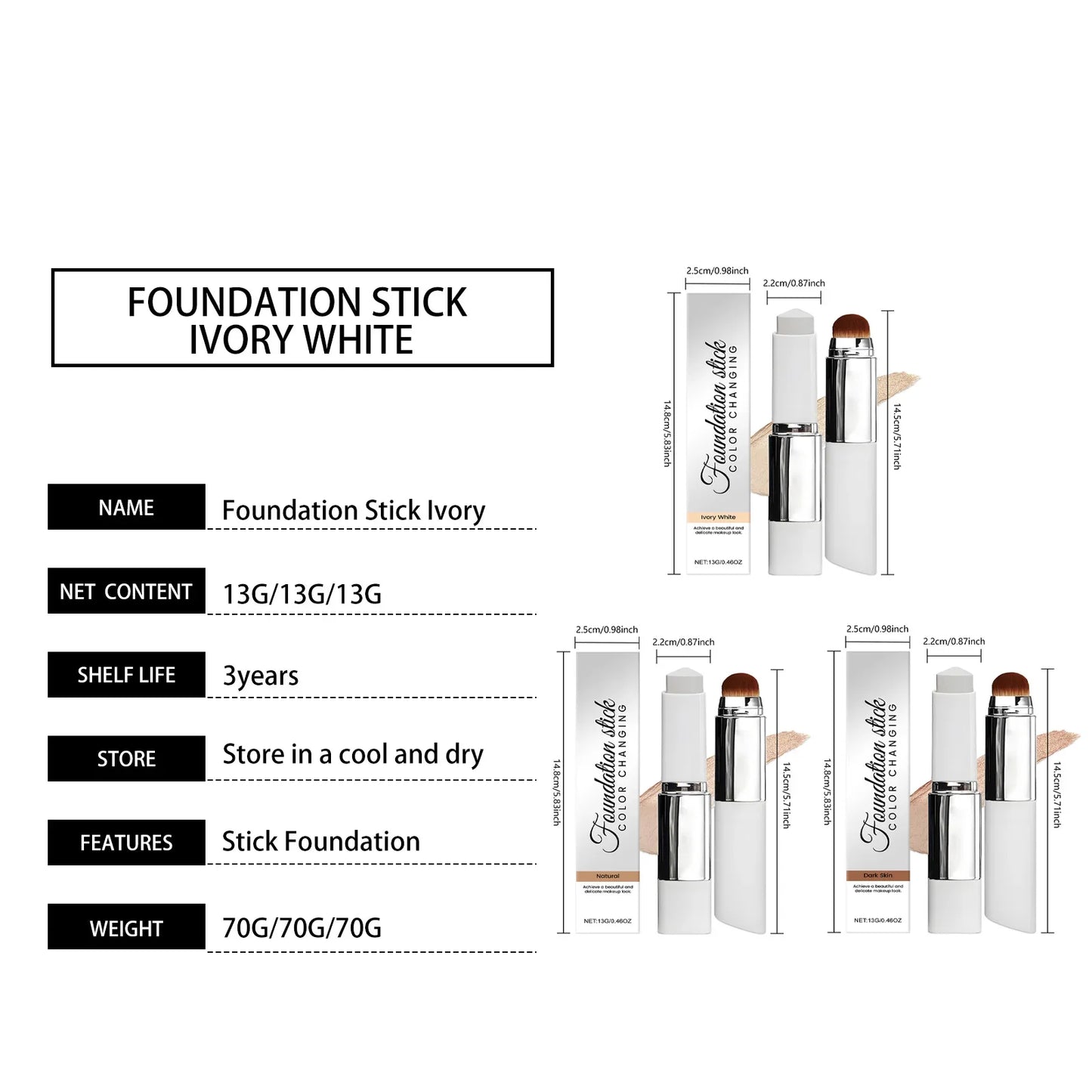 Hoygi 2-in-1 Foundation & Concealer Stick with Brush – 3 Shades