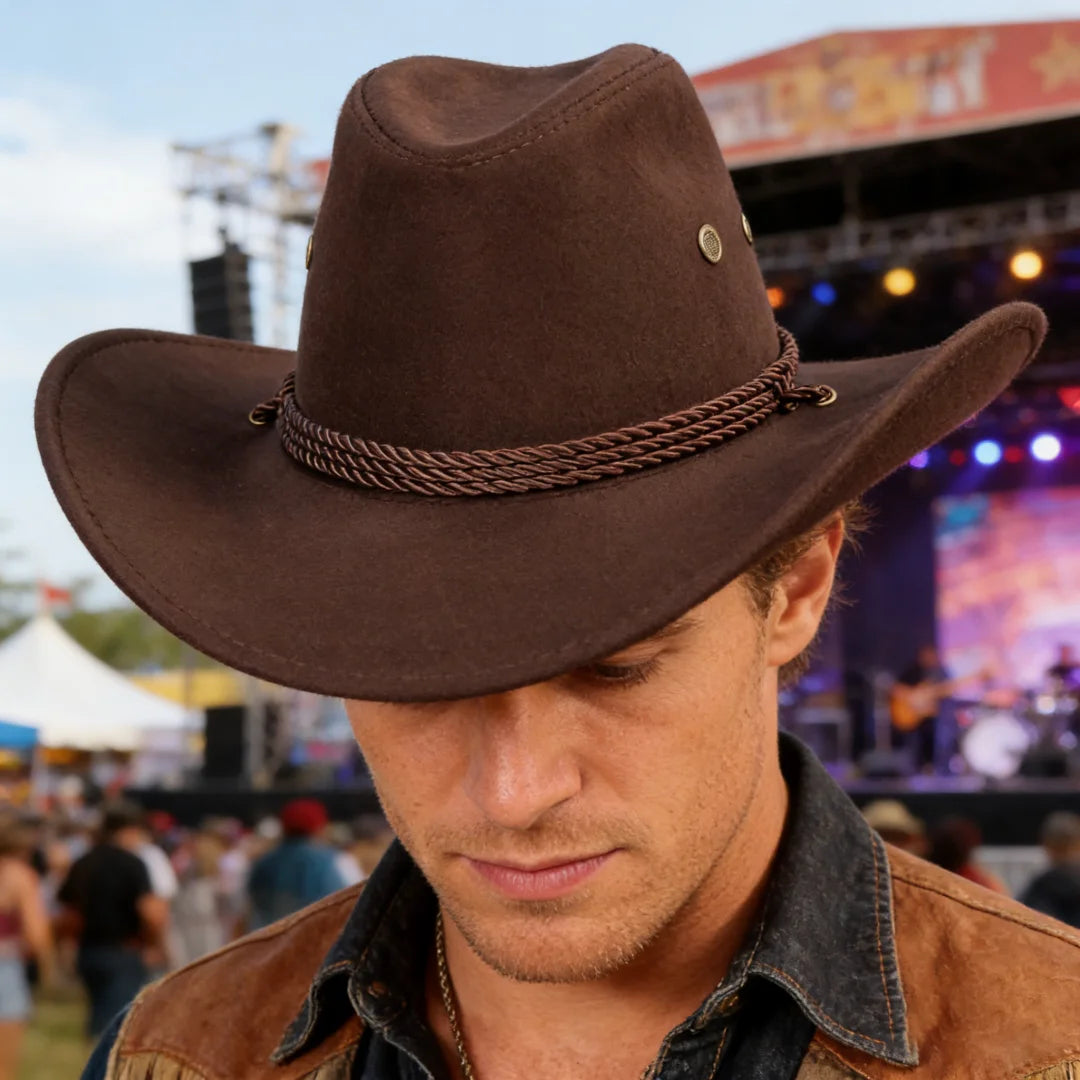 Brown Felt Western Cowboy Hat Braided Band Wide Curved Brim Unisex