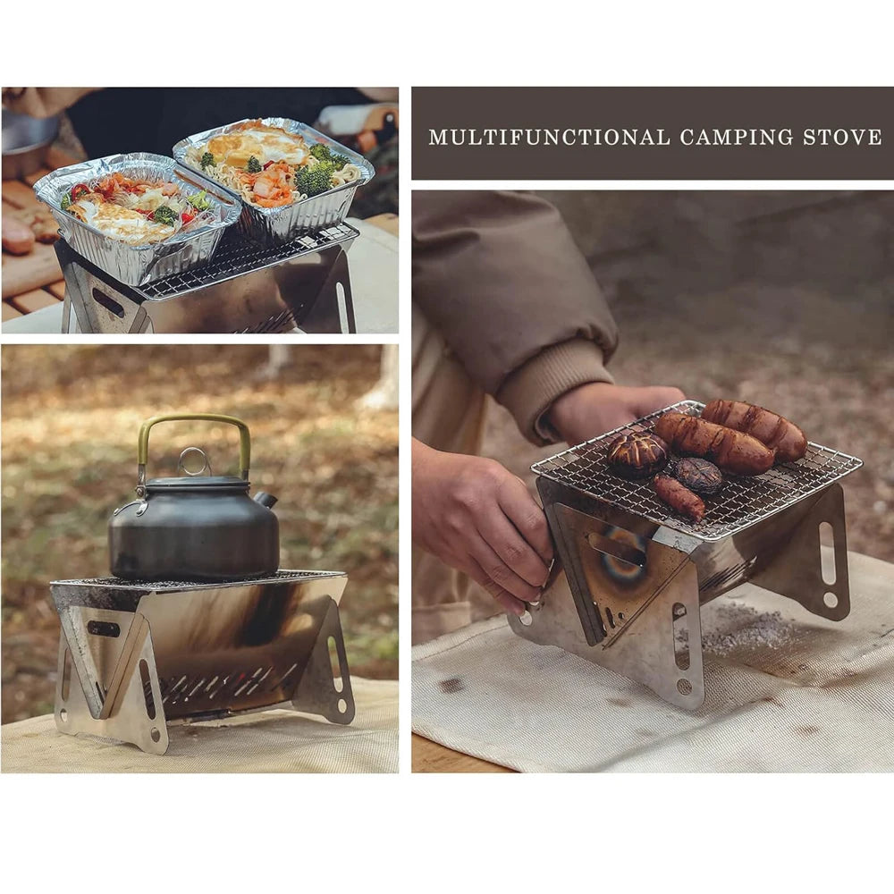 Backpacking Stove Folding Stainless Steel Charcoal Grill BBQ Wood Burning Camp Stove for Hiking Picnic Garden Backyard Cooking Peaceful Pleasures Health and Wellness