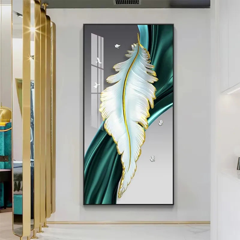 Nordic Luxury Abstract Wall Art Golden White Feathers Canvas Painting Gold Ribbon Posters for Porch Corridor Home Decoration Peaceful Pleasures Health and Wellness ZLH3207 30x45cm No Frame