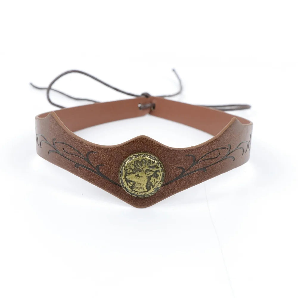 Viking Deer Medallion Leather Headband Medieval Tree Pattern