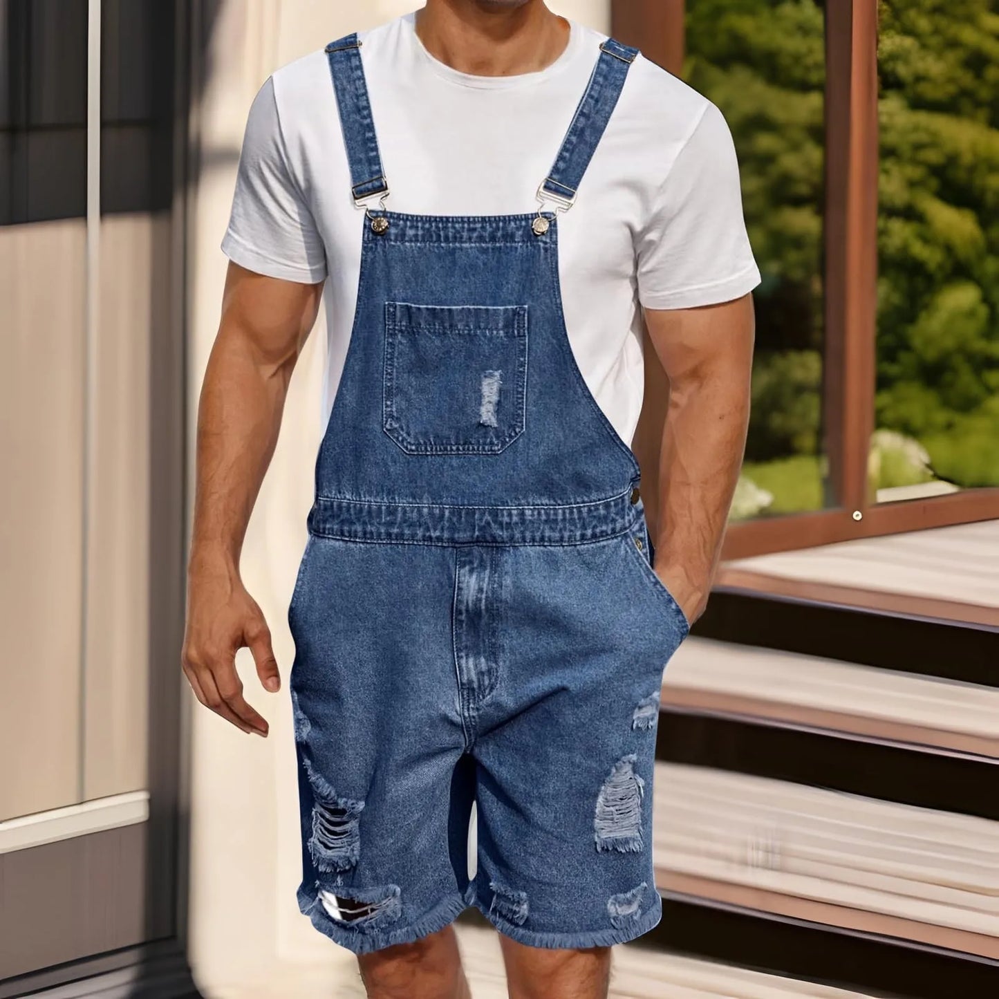 Men's Vintage Denim Bib Overalls – Elastic Suspender Short Jumpsuit