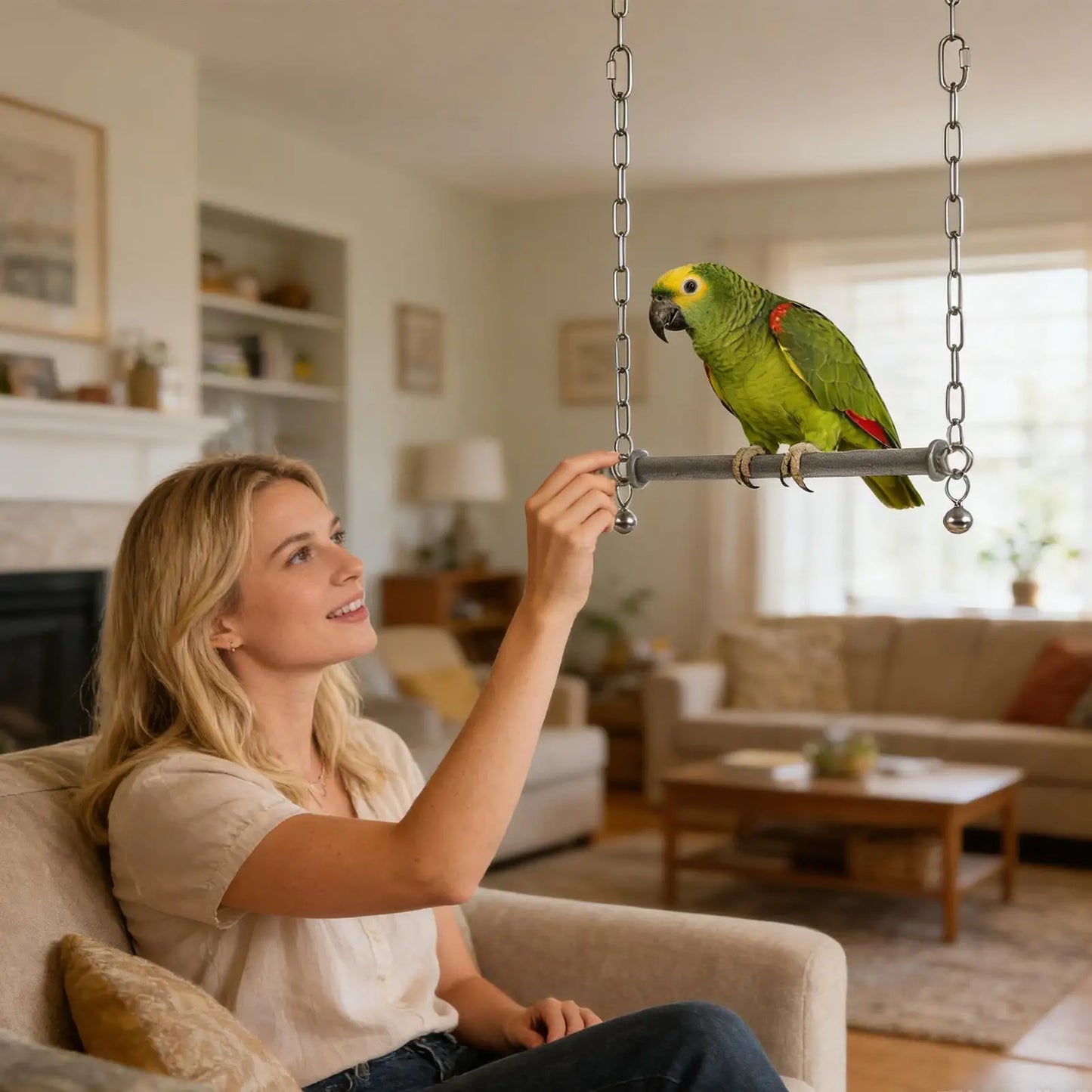 Stainless Steel Bird Swing Perch with Bell | Large Cage Toy Bird Cage Swing Peaceful Pleasures Health and Wellness