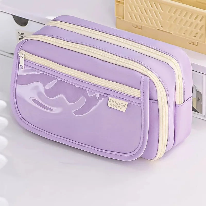 Pink Pencil Case Large Capacity 3 Compartments School Pencils Bag Zipper Pen Pouch Back To School For Girls Stationery Supplies Peaceful Pleasures Health and Wellness Purple