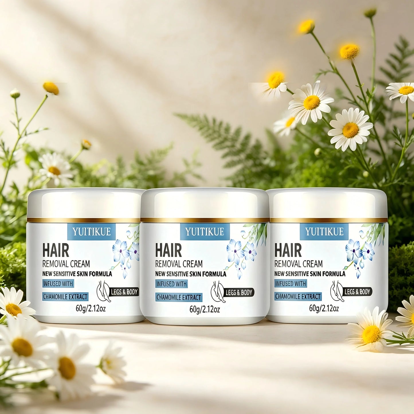 YUITIKUE Hair Removal Cream 60g Sensitive Skin Formula with Chamomile Extract for Legs & Body Peaceful Pleasures Health and Wellness 3pc