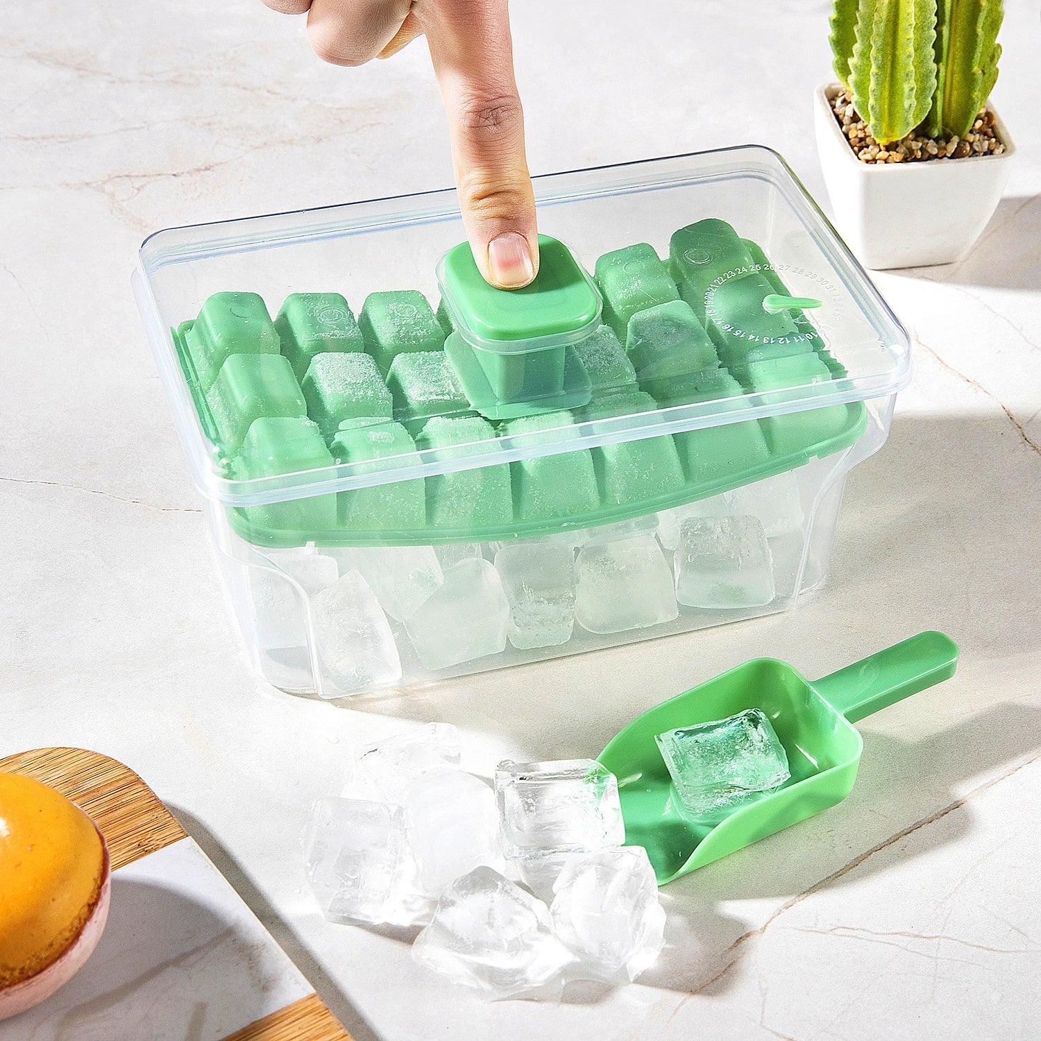 Ice Cube Trays with Lid & Bin – 68 Cubes, Easy Press Release Ice Cube Tray Set Peaceful Pleasures Health and Wellness