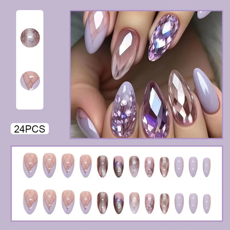 24pcs Purple False Nails with Grid Printed Gradient Purple Fake Nail Tips Full Cover Wearable Ins Franch Almond Press on Nails Peaceful Pleasures Health and Wellness