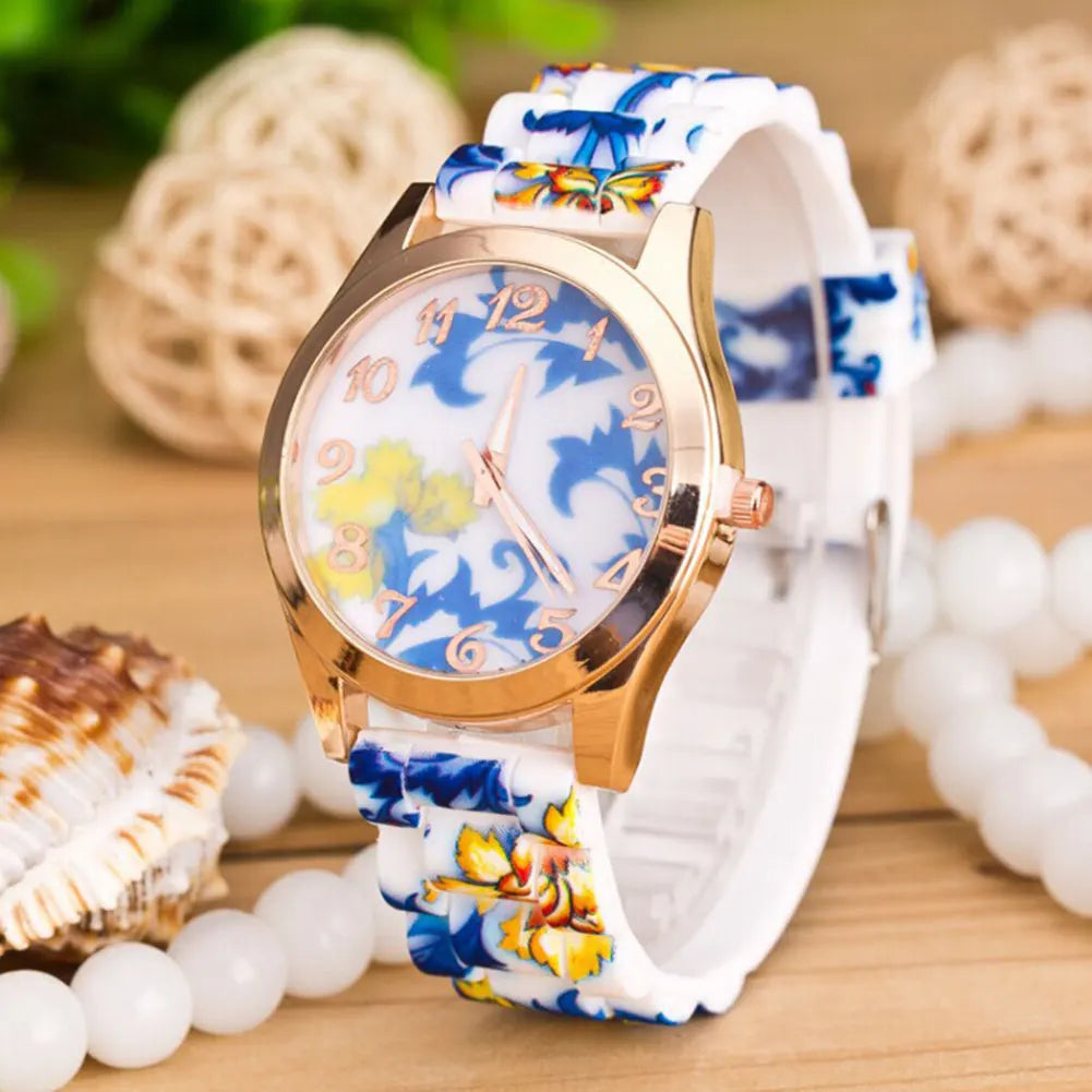 Women's Floral Dial Quartz Watch – Elegant Silicone Wristwatch