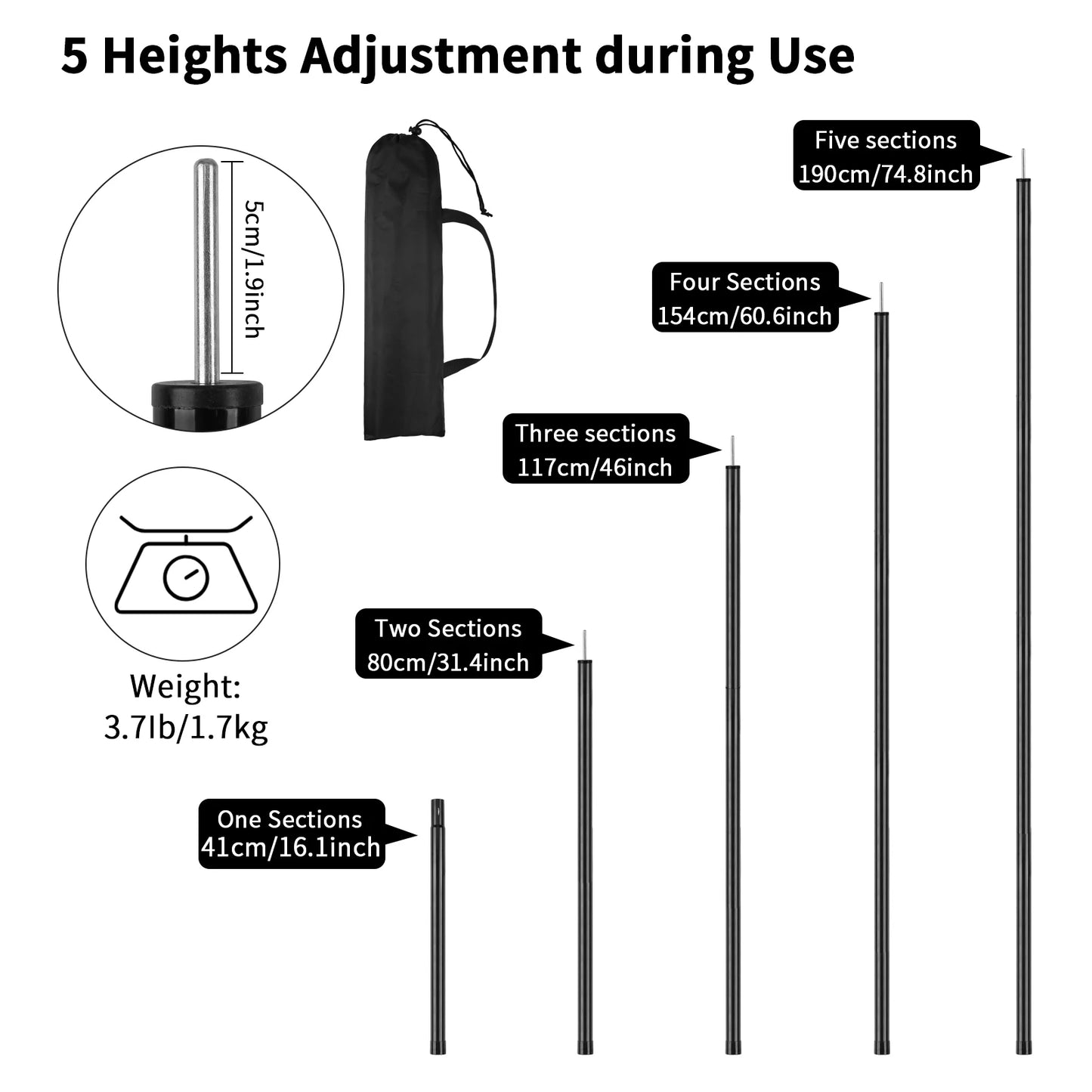 1 Pair 10 Sections Thicken Tent Rod Max 1.9M Aluminum Tarp Pole Accessories with Bags For Outdoor Camping Shelter Awning Canopy Peaceful Pleasures Health and Wellness