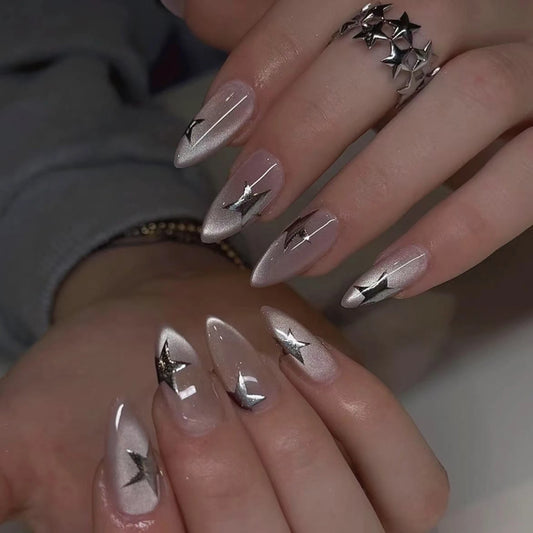 24pcs Y2K 3D Silver Star Press On Nails | Cat Eye Almond Glitter Press On Nails Peaceful Pleasures Health and Wellness A