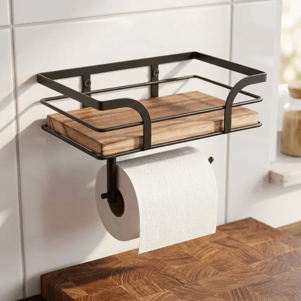 Rustic Wood & Iron Wall-Mounted Toilet Paper Holder with Shelf