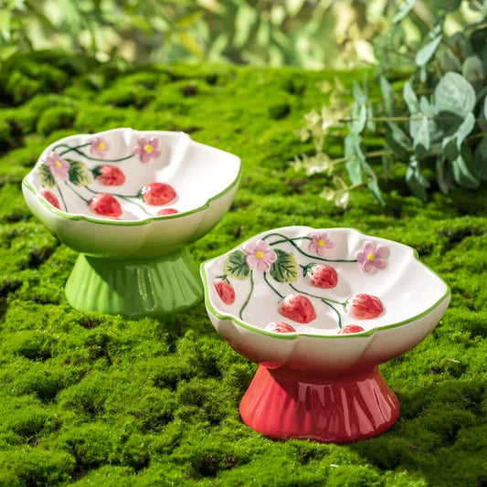 Ceramic Strawberry Slow Feeder Cat Bowl | Elevated Anti-Tip Slow Feeder Cat Bowl Peaceful Pleasures Health and Wellness