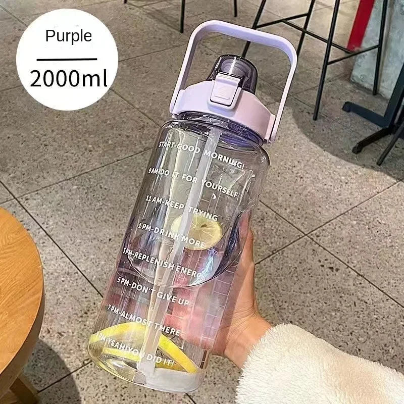 2L Portable Water Bottle Large Capacity Plastic Straw Water Cup Drink Bottle with Time Marker for Outdoor Sports Fitness Hot Peaceful Pleasures Health and Wellness purple 2.0L