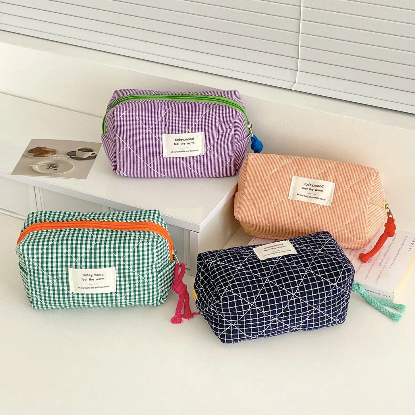 Vintage Plaid Octagon Makeup Bag | Japanese Style Travel Pouch