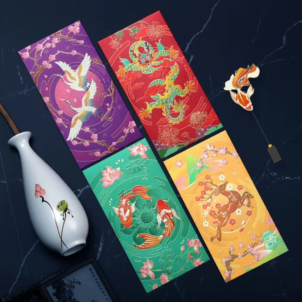 Hot Stamping Chinese New Year red envelopes Solid Embossed Lucky Money Bag Thickened Paper Red Packet Year of The Snake Peaceful Pleasures Health and Wellness