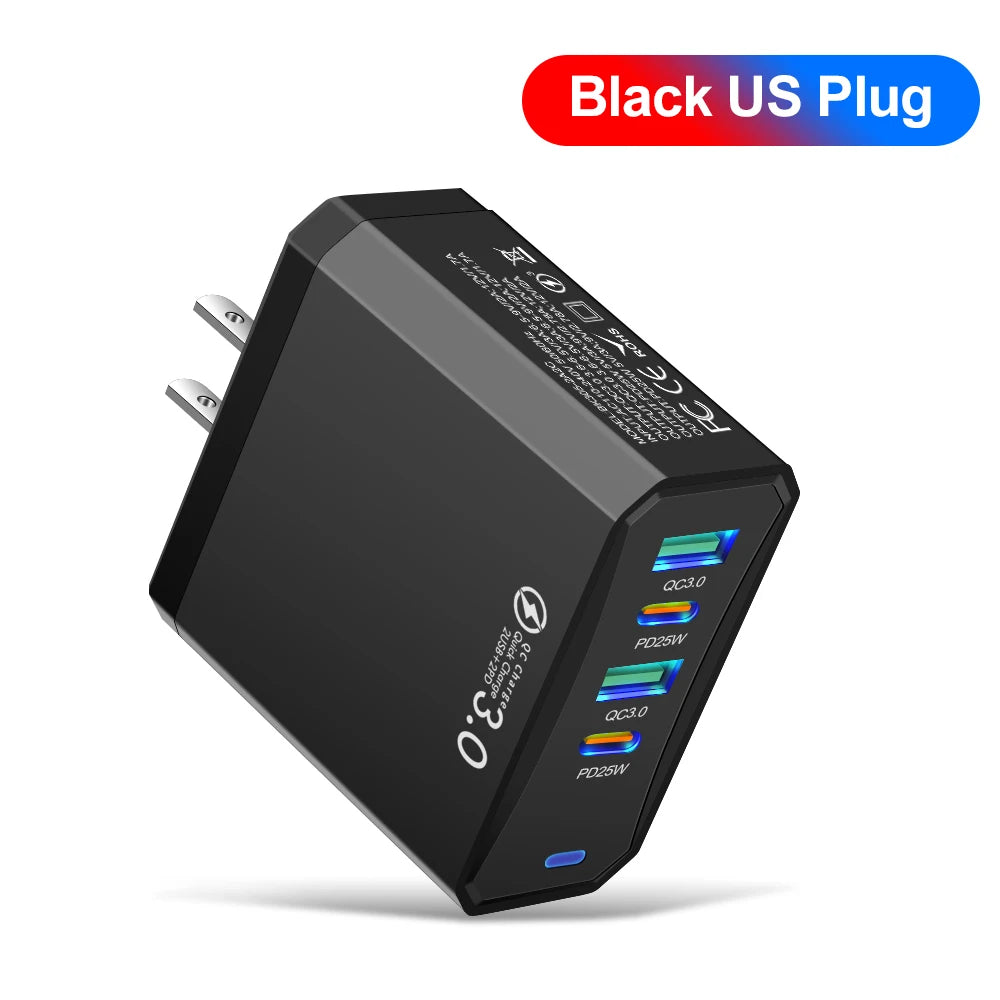 25W 4-Port USB-C Fast Charger QC3.0 – iPhone & Android Peaceful Pleasures Health and Wellness US Black