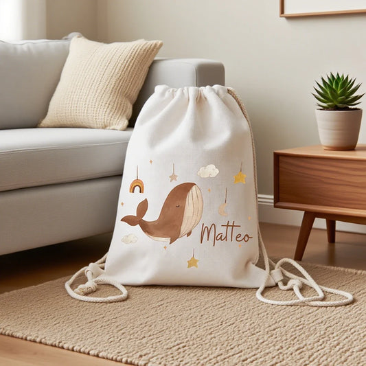 Personalized Whale Rainbow Drawstring Backpack for Kids Kids Drawstring Backpack Peaceful Pleasures Health and Wellness