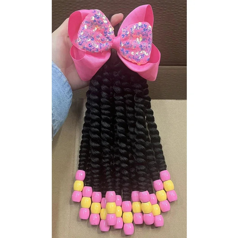 Girls Braided Ponytails with Beads & Bow – 2-Pack Glitter Set