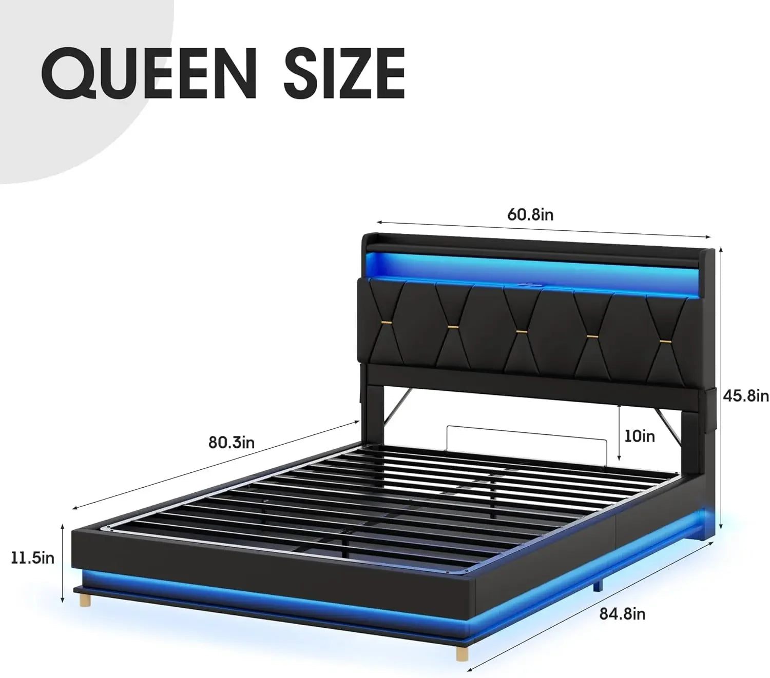 Queen Size Lift-Up Storage Bed Frame with LED Lights, Charging Station & Noise-Free Design Peaceful Pleasures Health and Wellness