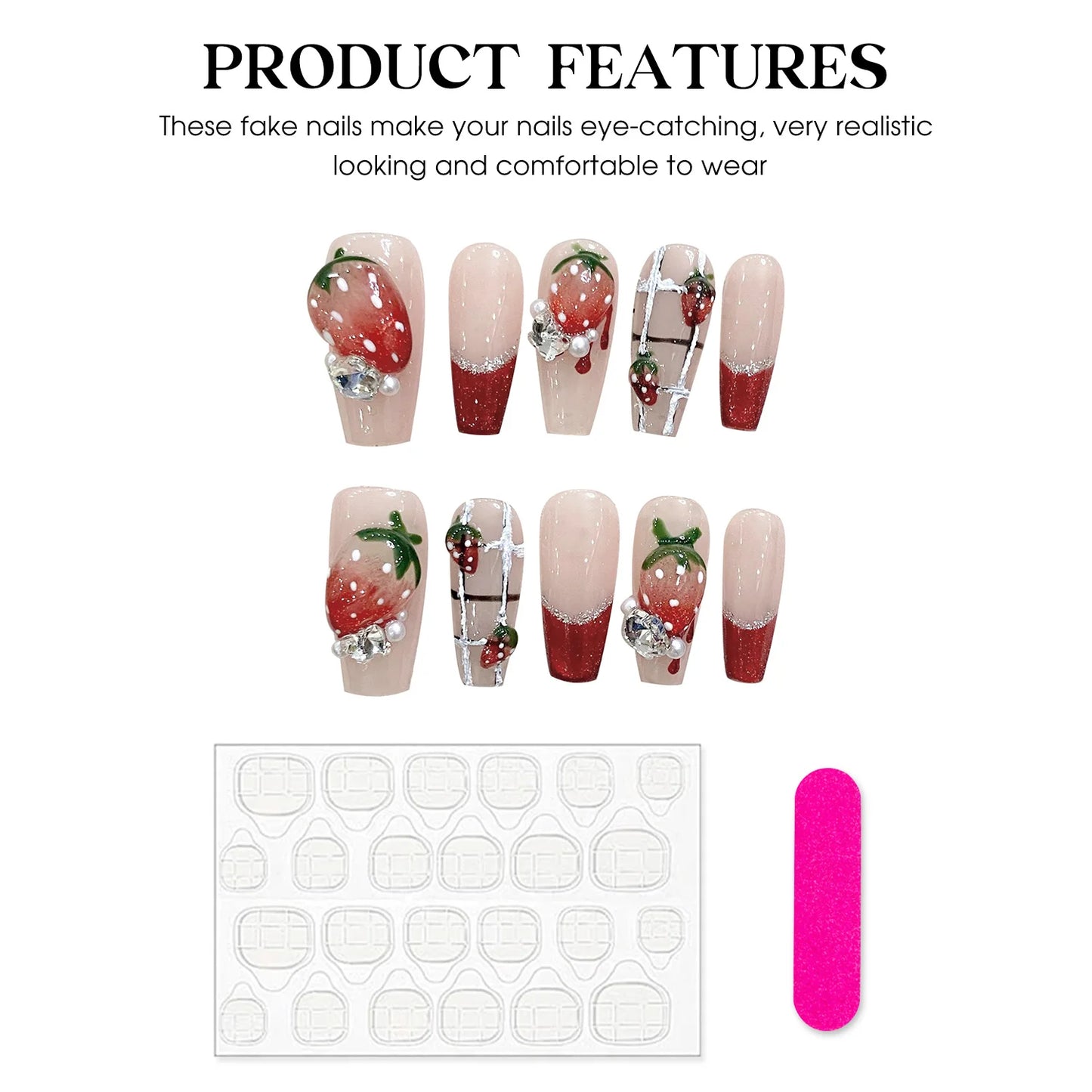 Handmade Press on Nails 3D Sweet Strawberry Crystal Design Fake Nails Shiny Red French Long Ballet Coffin False Nail Tips 10pcs Peaceful Pleasures Health and Wellness