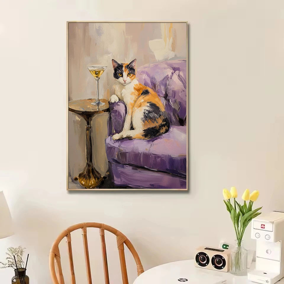 Trendy Cute Quirky Calico Cat with Martini Champagne Cocktail on The Sofa Poster Canvas Painting Wall Art Pictures Home Decor Peaceful Pleasures Health and Wellness