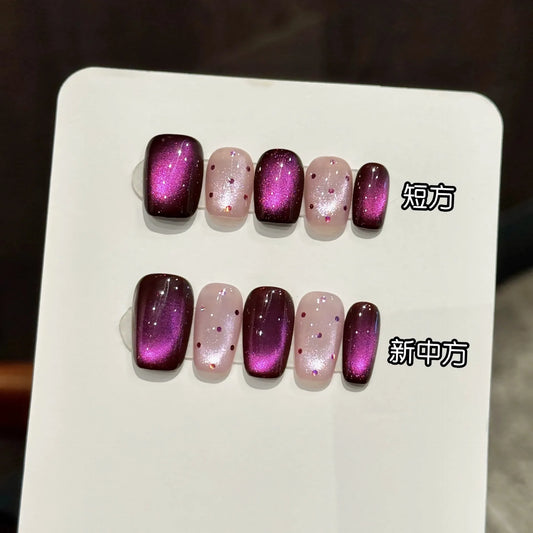 10pcs Handmade Elegant Purple Cat's Eye False Nails Press On Nails Light Luxury Ballet Fake Nails Wave Dot Designs Manicure Art Peaceful Pleasures Health and Wellness