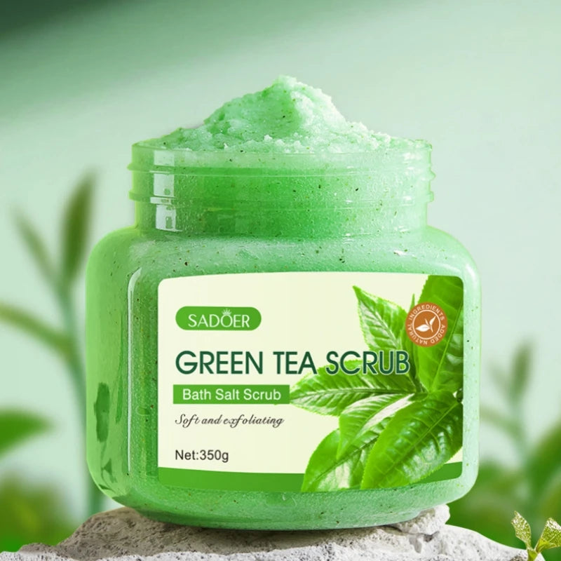 350g Green Tea Body Scrub, Rich in Skin-Beneficial Ingredients Such as Tea Polyphenols, Fine Particles for Exfoliation, Does Not Harm the Skin, Hydrates and Brightens the Complexion, Can Be Used on Multiple Areas of the Body, Peaceful Pleasures Health and Wellness