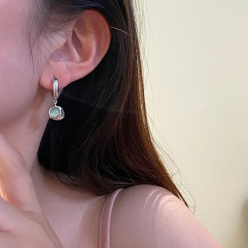 Mint Green Cat's Eye Stone Pendant Ear Buckles with Cool Light Luxury High-end Feel Earrings Retro Exquisite and Simple Earrings Peaceful Pleasures Health and Wellness