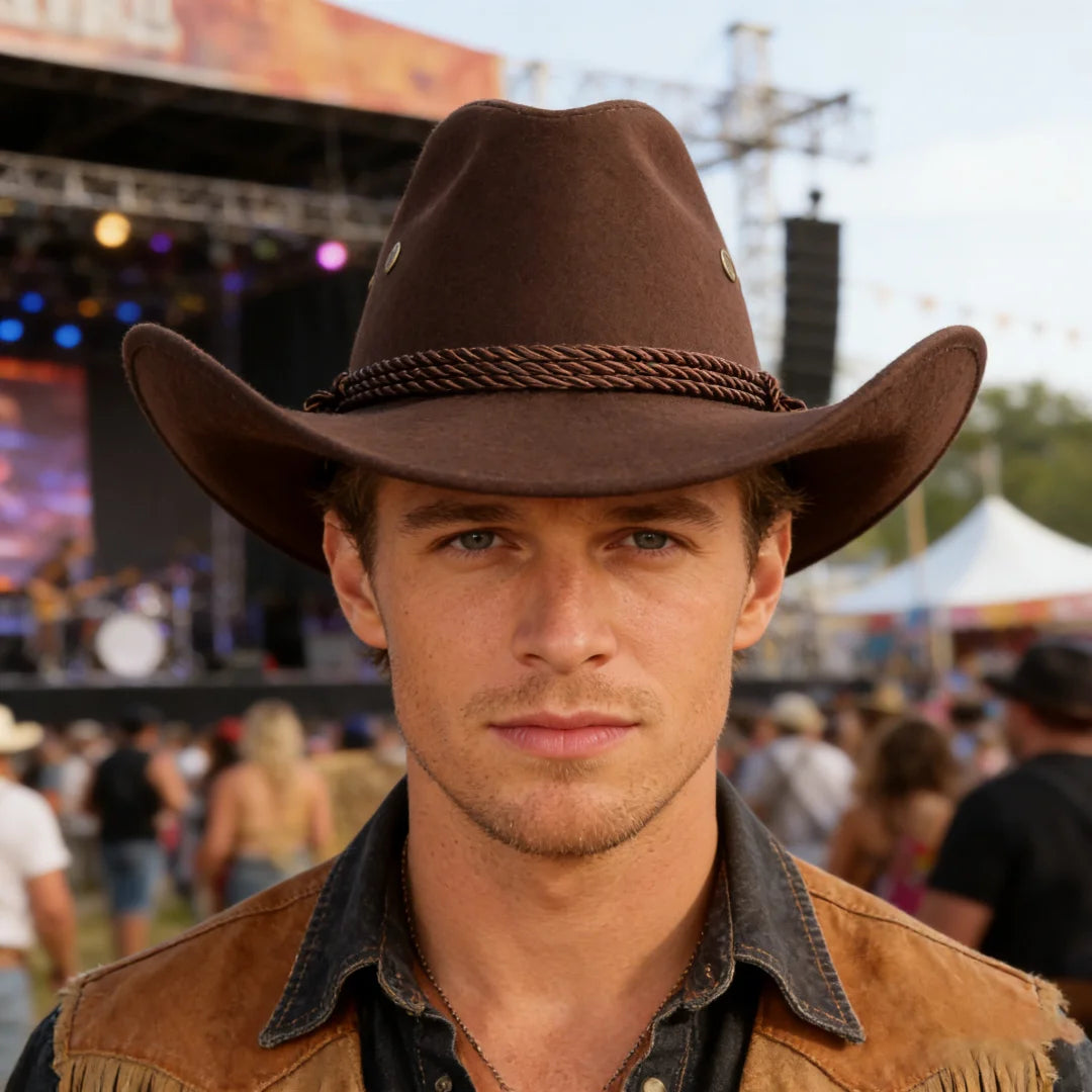 Brown Felt Western Cowboy Hat Braided Band Wide Curved Brim Unisex