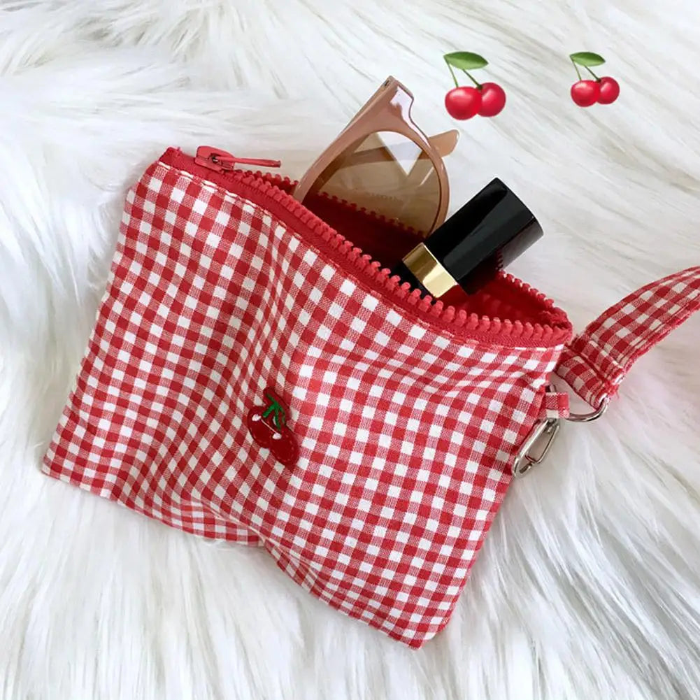 Red Cherry Canvas Makeup Bag, Portable and Easy to Carry. Red Plaid, Large Capacity Cosmetic Lipstick Storage Bag. Peaceful Pleasures Health and Wellness