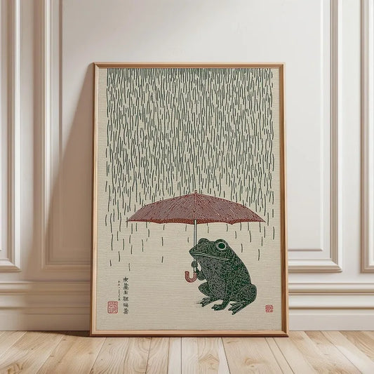 Japanese Frog with Umbrella Poster, Art Print Home Decor Frameless Canvas Art Wall Decoration Poster Peaceful Pleasures Health and Wellness