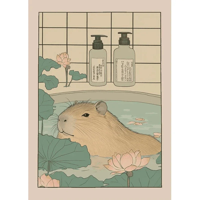 Japanese Cute Animals Bathtub Canvas Wall Art | Bathroom Decor