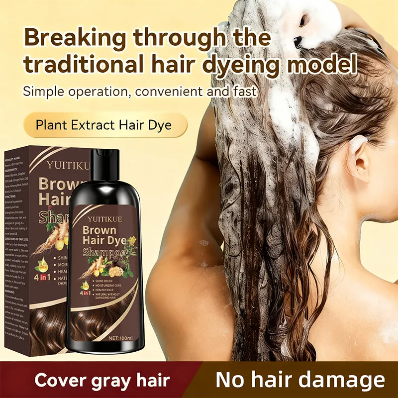 4-in-1 Brown Hair Dye Shampoo – Plant Extract, Gray Coverage, No Damage, 100ml Peaceful Pleasures Health and Wellness