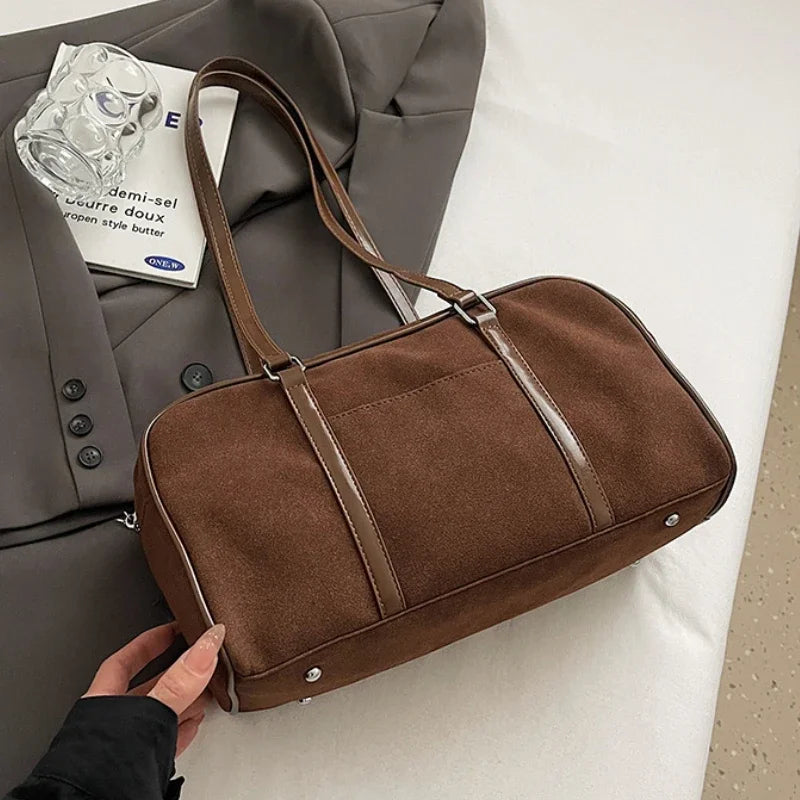 High End Suede Frosted Boston Hand Held Pillow Bag with Large Capacity Commuting Leisure Solid Color Single Shoulder Women's Bag Peaceful Pleasures Health and Wellness Brown no pendant