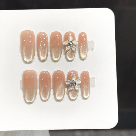 Oval Nude Gradient Press On Nails | Cat Eye Gold Edge 3D Set Press-On Nail Set Peaceful Pleasures Health and Wellness