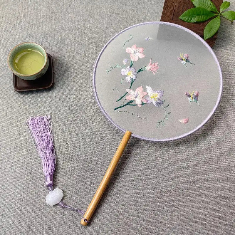 Su Embroidery Silk Round Hand Fan – Wooden Handle & Tassel