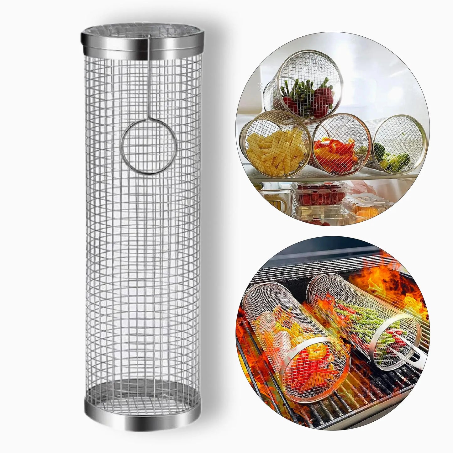 Rolling BBQ Grill Basket – Stainless Steel Cylinder Mesh Drum