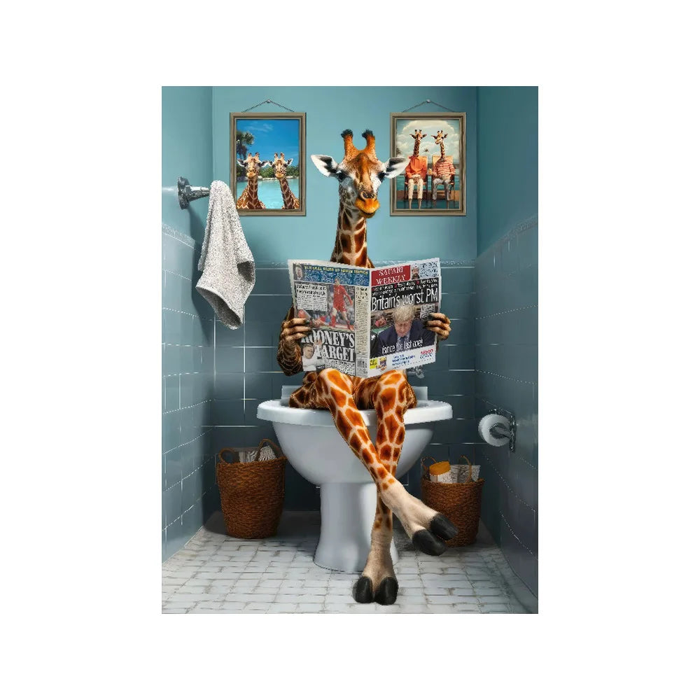 Funny Monkey & Giraffe Toilet Canvas Wall Art | Animal Print