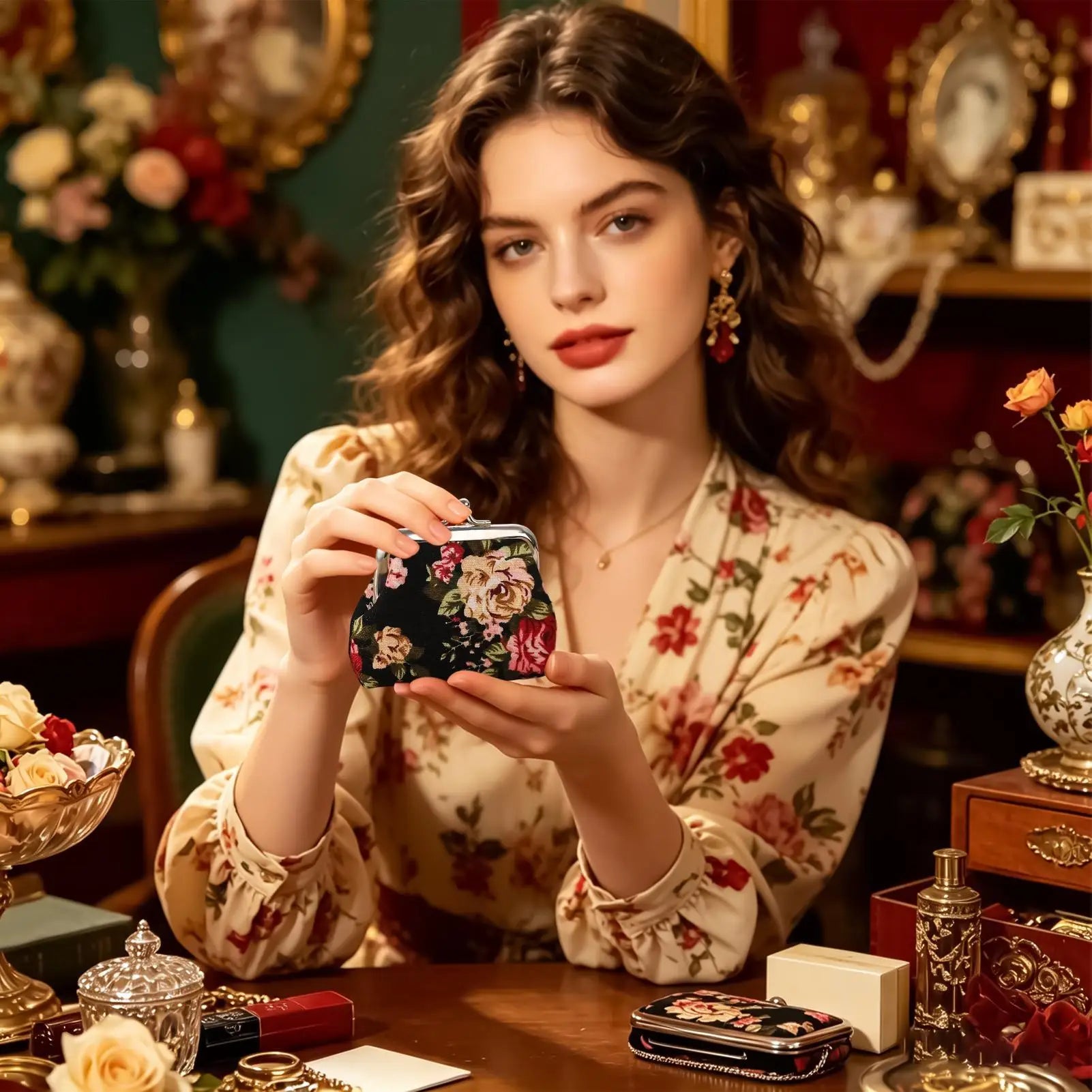 Vintage Kiss Lock Coin Purse Floral Change Wallet Small Money Bag for Women, Party Card Key Jewelry Beach Travel Shopping Peaceful Pleasures Health and Wellness